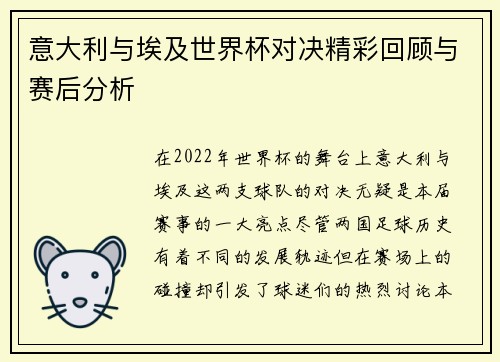 意大利与埃及世界杯对决精彩回顾与赛后分析